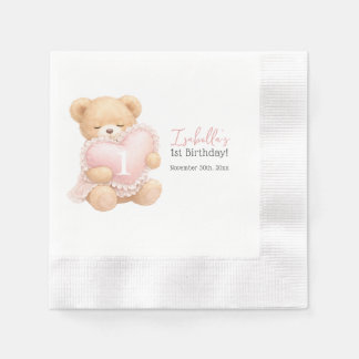 Pink Teddy Bear Gingham Girl 1st Birthday Napkin
