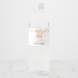 Pink Teddy Bear Gingham Girl 1st Birthday Water Bottle Label