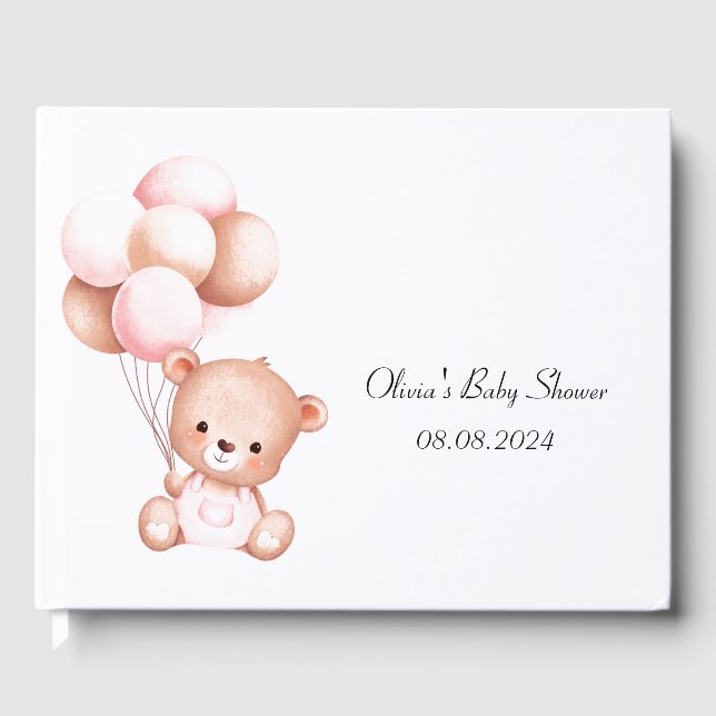pink teddy bear girl baby shower guest book (Front)