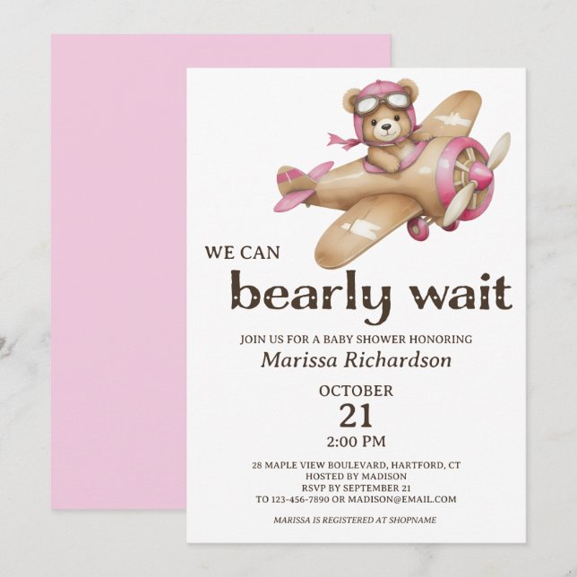 Pink Teddy Bear Girl Baby Shower Invitation (Front/Back)