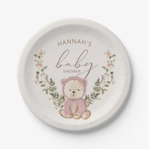 Pink Teddy Bear Girl Baby Shower Paper Plate