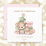 Pink Teddy Bear Girl First Christmas Card<br><div class="desc">Christmas card with an adorable teddy bear,  Christmas tree an gifts in pink for baby girls and little girls. Easily personalise this Christmas card with your own text  - Kate Eden Art.</div>