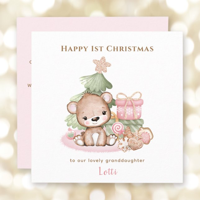 Pink Teddy Bear Girl First Christmas Card (Pink Teddy Bear Girl First Christmas Card)
