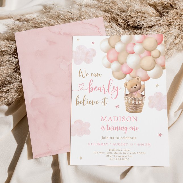 Pink Teddy Bear Hot Air Balloon Birthday Invitation (Creator Uploaded)