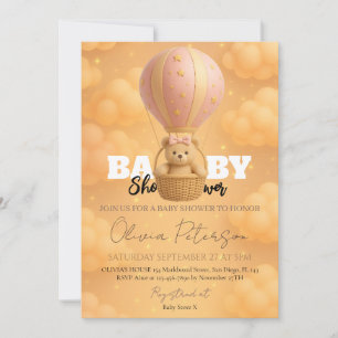 Pink Teddy Bear Hot Air Balloon Girly Baby Shower Invitation