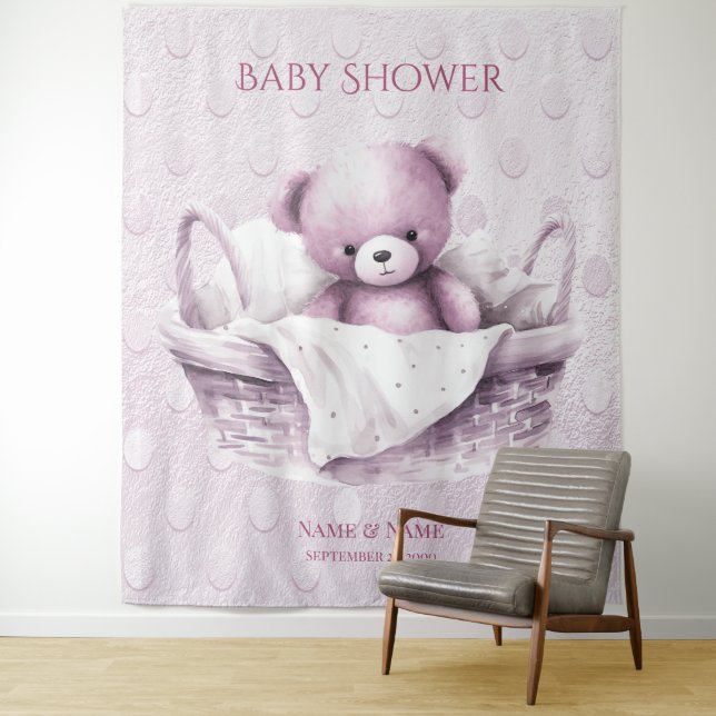 Pink Teddy Bear in Basket Backdrop Tapestry (In Situ)