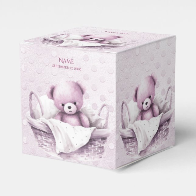 Pink Teddy Bear in Basket Favour Box (Front Side)