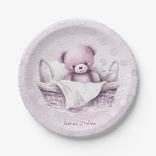 Pink Teddy Bear in Basket Paper Plate