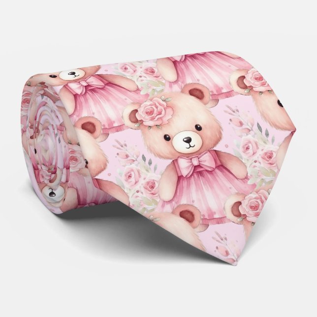 Pink Teddy Bear  Neck Tie (Rolled)