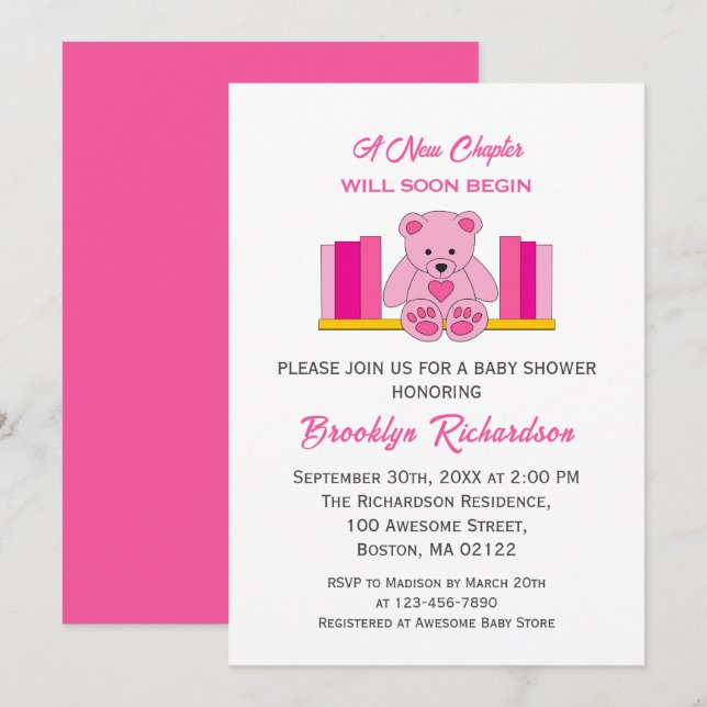 Pink Teddy Bear New Chapter Storybook Baby Shower Invitation (Front/Back)