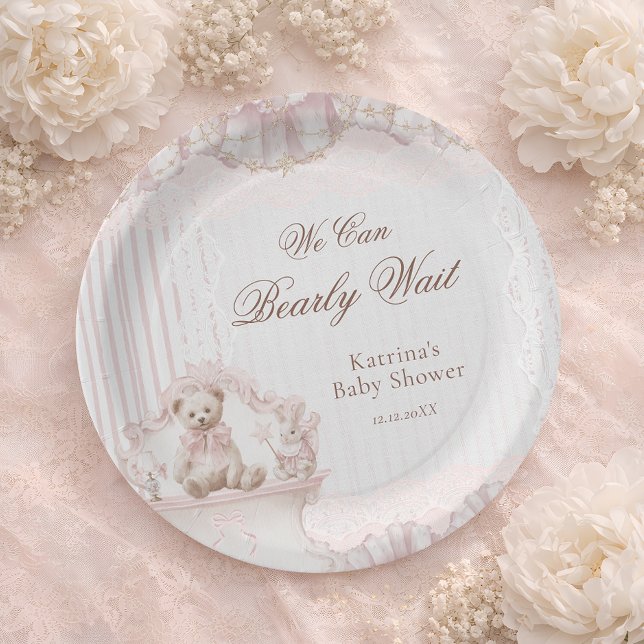 Pink Teddy Bear Nursery Baby Girl Shower Paper Plate (Creator Uploaded)