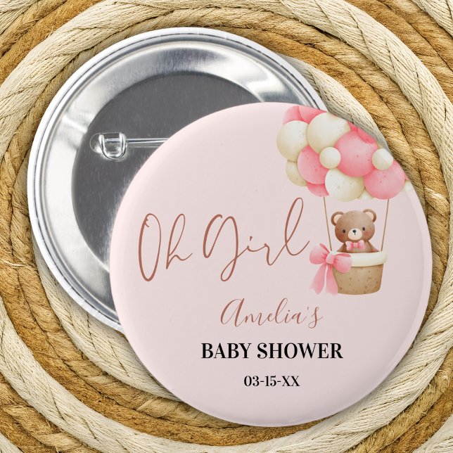 Pink Teddy Bear Oh Girl Balloon Baby Shower 6 Cm Round Badge (Creator Uploaded)