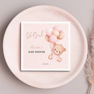Pink Teddy Bear Oh Girl Balloon Baby Shower Party Napkin