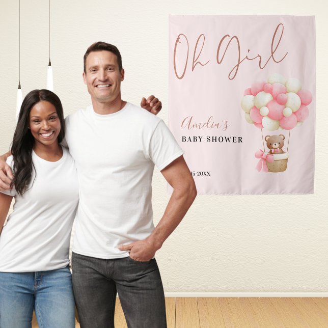 Pink Teddy Bear Oh Girl Balloon Baby Shower Party Tapestry (Creator Uploaded)