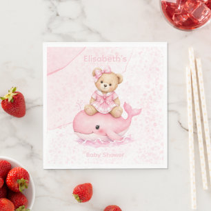 Pink Teddy Bear On Whale Girl Baby Shower Napkin