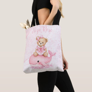Pink Teddy Bear On Whale Girl Baby Shower Tote Bag