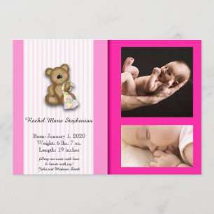 Pink Teddy Bear Photo Baby Announcement