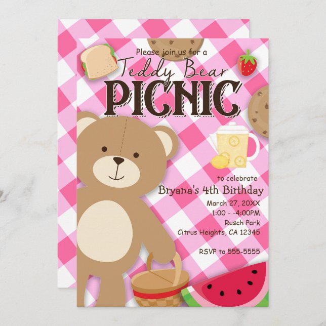 Pink Teddy Bear Picnic Birthday Party Invitation (Front/Back)
