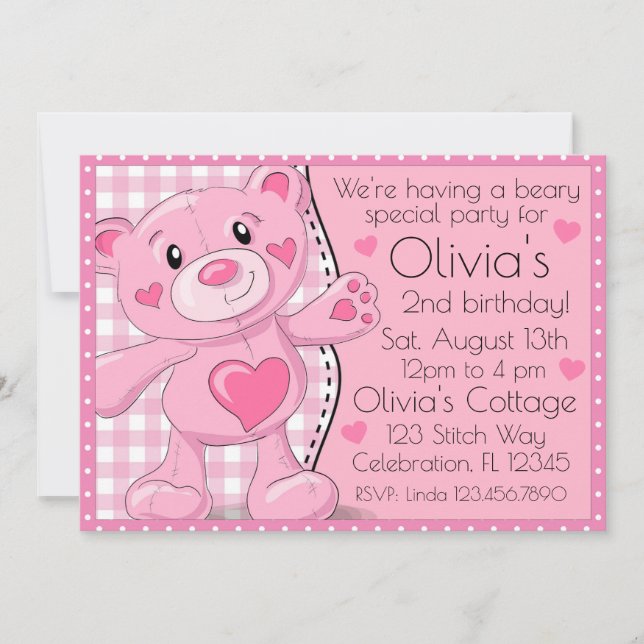 Pink Teddy Bear Picnic Girls Birthday Invitation (Front)