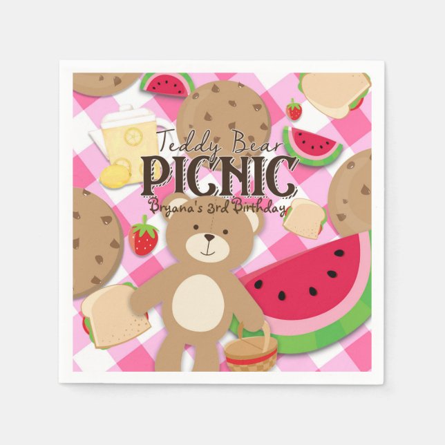 Pink Teddy Bear Picnic Summer Birthday Party Napkin (Front)