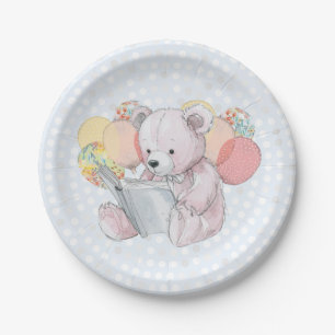 Pink Teddy Bear reading a book Paper Plate
