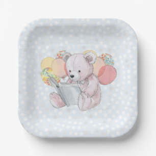 Pink Teddy Bear reading a book Paper Plate