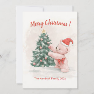 Pink Teddy Bear Retro Christmas Card