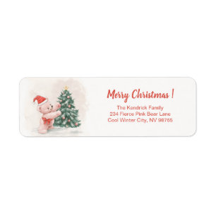 Pink Teddy Bear Retro Christmas Return Address Label