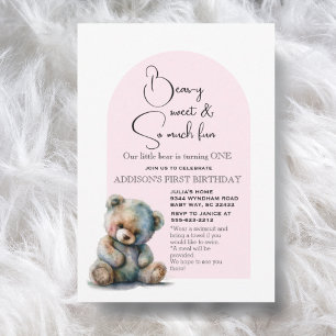 Pink Teddy Bear Theme Watercolor First Birthday Invitation