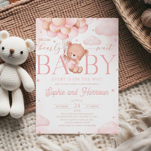 Pink Teddy Bear We Can Bearly Wait Baby Shower Invitation