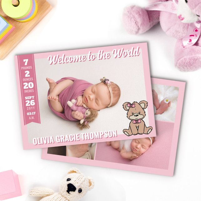 Pink Teddy Bear Welcome to the World Baby Girl Announcement (Creator Uploaded)
