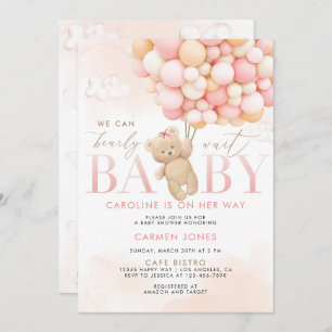 Pink Teddy Bear with Balloons Baby Shower Invite