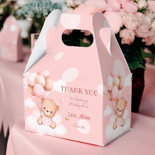 Pink teddy bear with balloons on clouds custom favour box