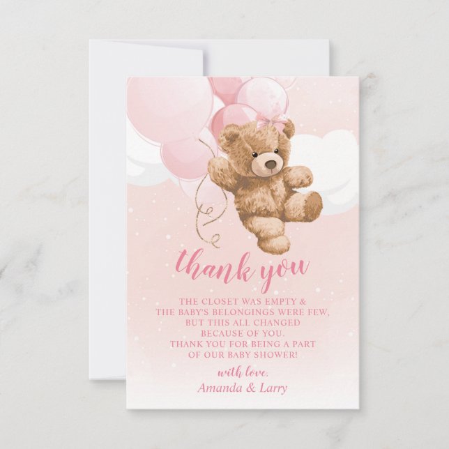 Pink Teddy Bear with Balloons Thank You Card (Front)