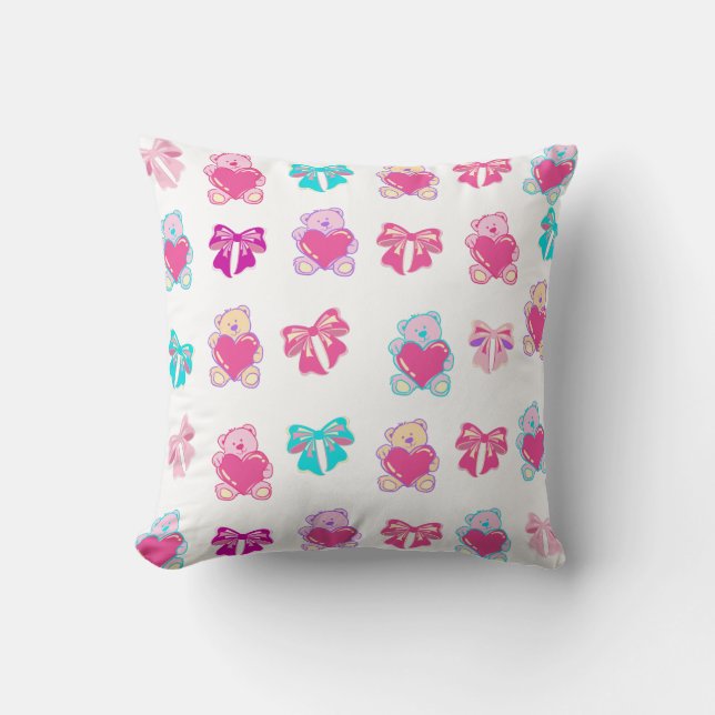 Pink Teddy Bears & Bows Throw Pillow (Front)