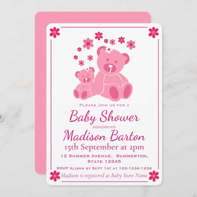 Pink Teddy Bears Cute Girl Baby Shower Invitation (Front/Back)