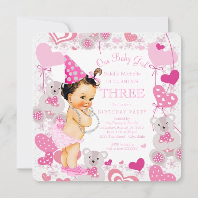 Pink Teddy Bears Hearts Girls 3rd Birthday Party Invitation (Front)