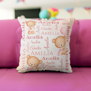 Pink teddy bears personalised girls name baby cushion