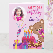 Pink teddy birthday party photo card 