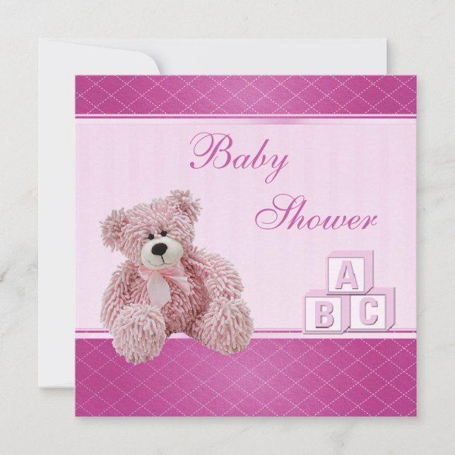 Pink Teddy & Building Blocks Baby Girl Shower Invitation (Front)