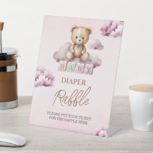 Pink Teddy Cloud Stars Baby Shower Diaper Raffle Pedestal Sign