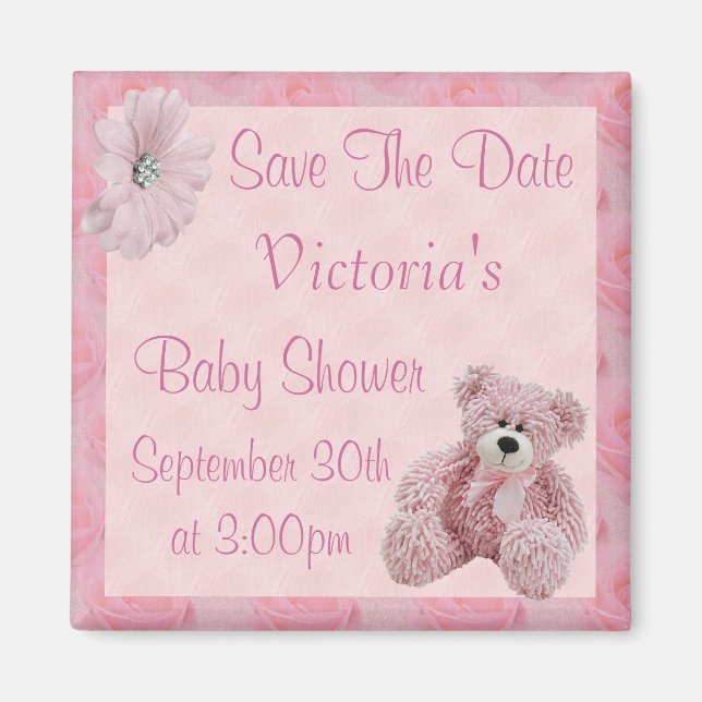 Pink Teddy Save the Date Girl Baby Shower Magnet (Front)