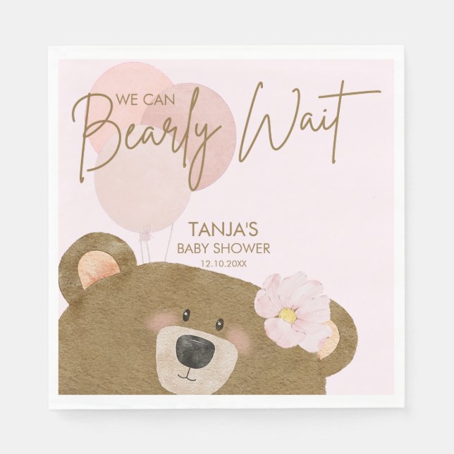 Pink Teddy We Can Bearly Wait Girl Baby Shower Napkin (Front)