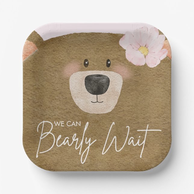 Pink Teddy We Can Bearly Wait Girl Baby Shower Paper Plate (Front)