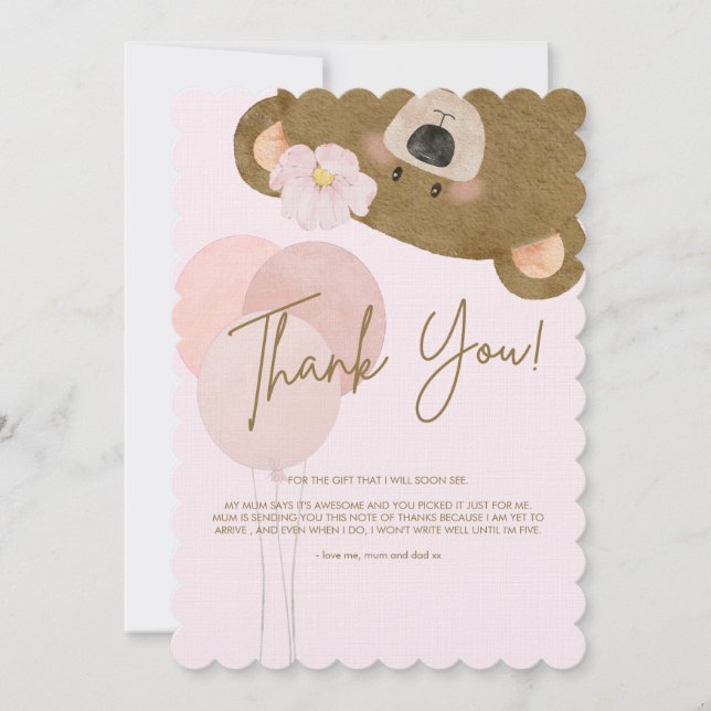 Pink Teddy We Can Bearly Wait Girl Baby Shower Tha Thank You Card (Front)