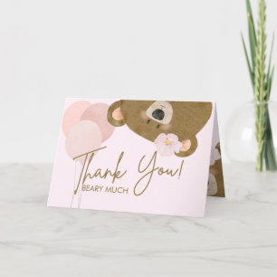 Pink Teddy We Can Bearly Wait Girl Baby Shower Thank You Card