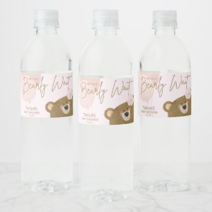 Pink Teddy We Can Bearly Wait Girl Baby Shower Water Bottle Label