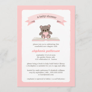 Pink Teddybear Bring a Book Baby Shower Invitation