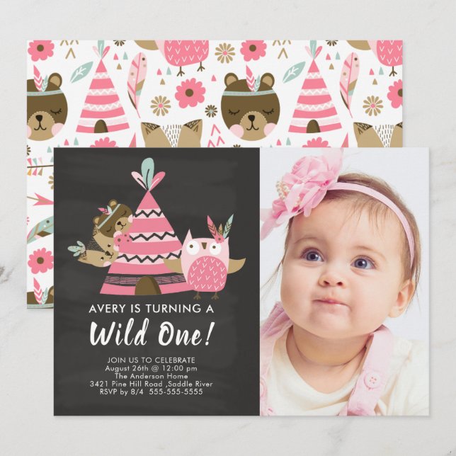 Pink Teepee Wild One Birthday Invitation (Front/Back)