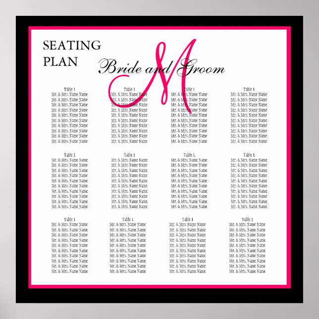 Pink Template Monogram Wedding Seating Chart (Front)